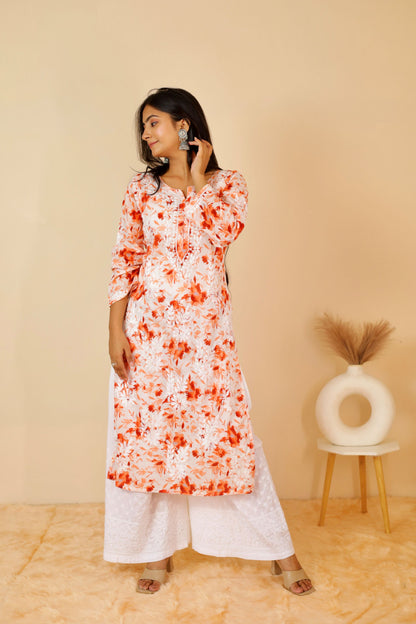 Aisha Mul Long Chikankari Kurti ( Orange)