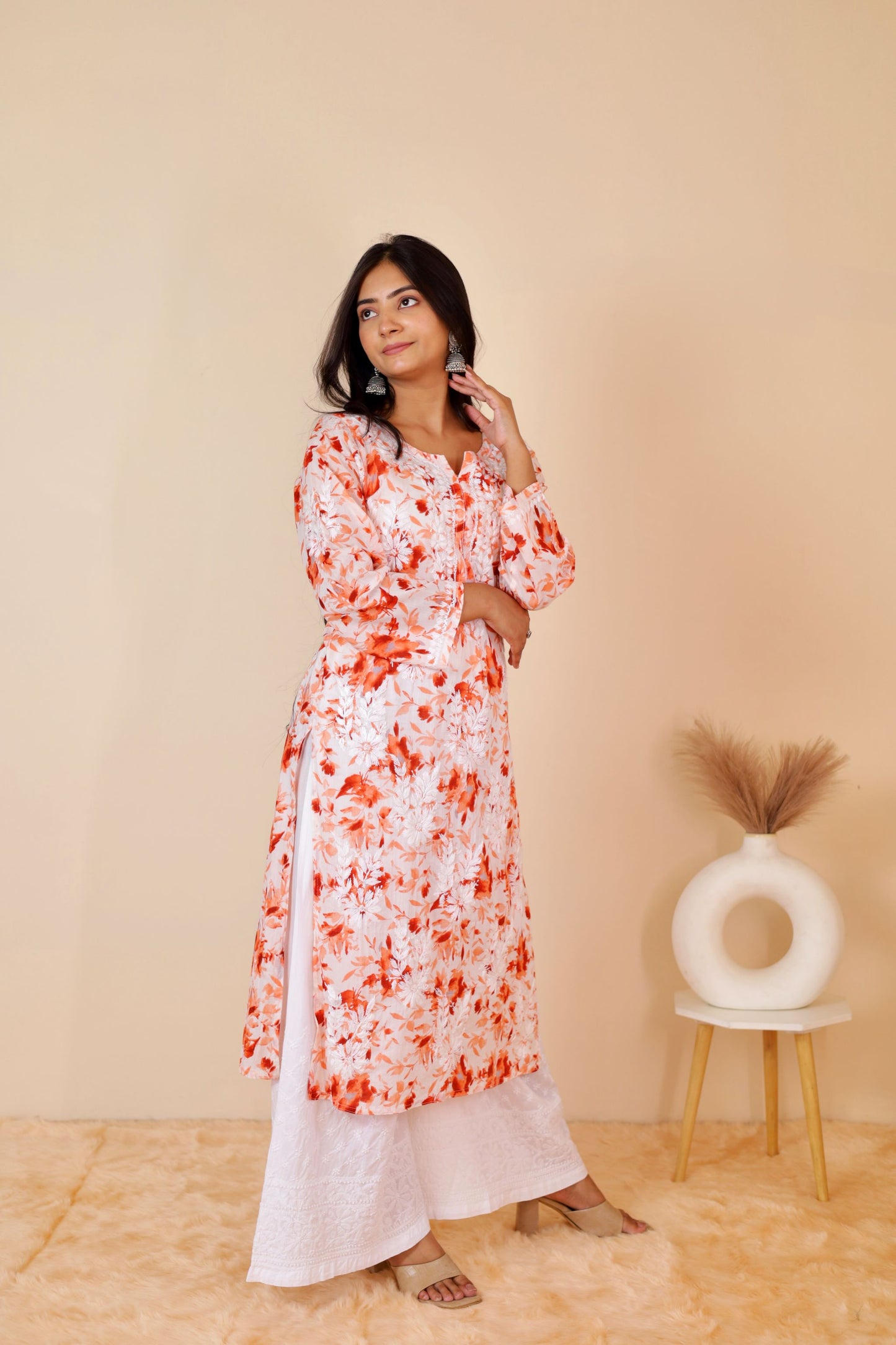 Aisha Mul Long Chikankari Kurti ( Orange)