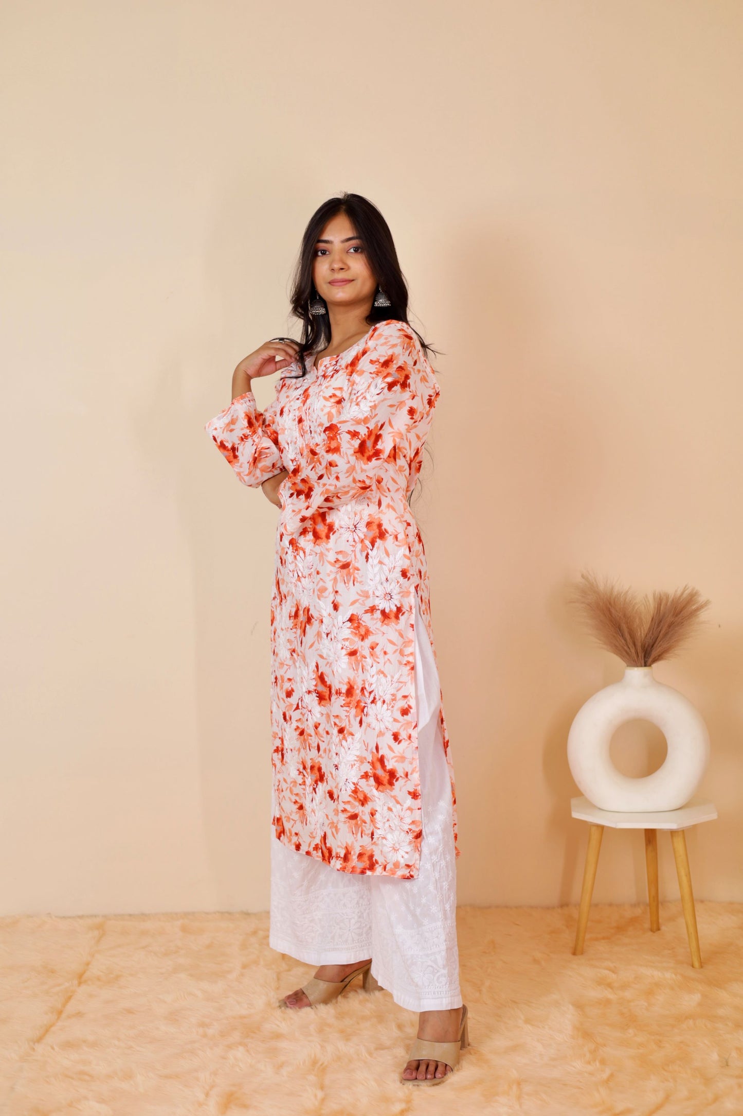 Aisha Mul Long Chikankari Kurti ( Orange)