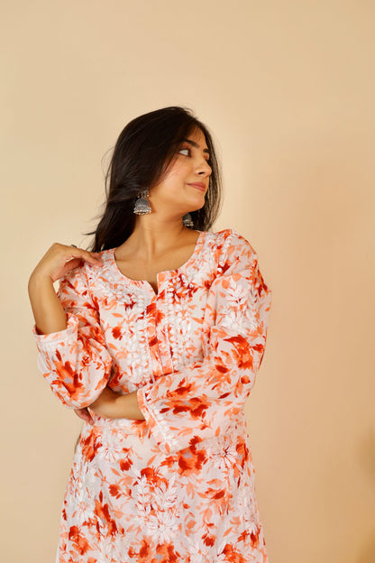 Aisha Mul Long Chikankari Kurti ( Orange)