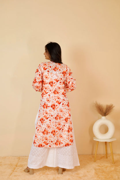 Aisha Mul Long Chikankari Kurti ( Orange)