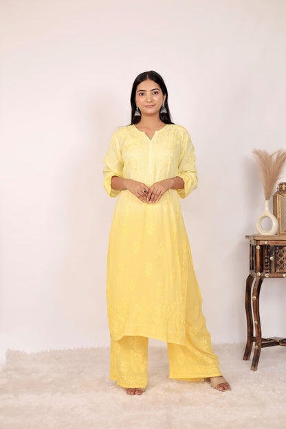 Riya Premium Modal Chikankari Kurti and Palazzo set ( Yellow)