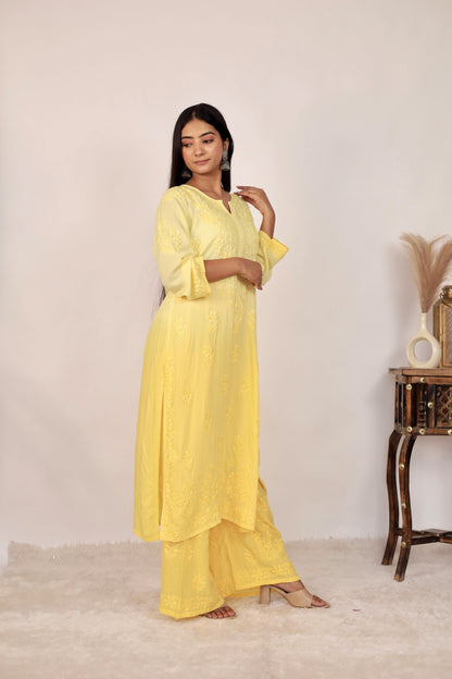 Riya Premium Modal Chikankari Kurti and Palazzo set ( Yellow)