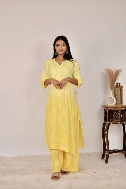 Riya Premium Modal Chikankari Kurti and Palazzo set ( Yellow)