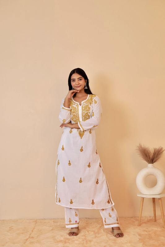 Heba Cotton Chikankari Kurti and palazzo set ( Mustard yellow)