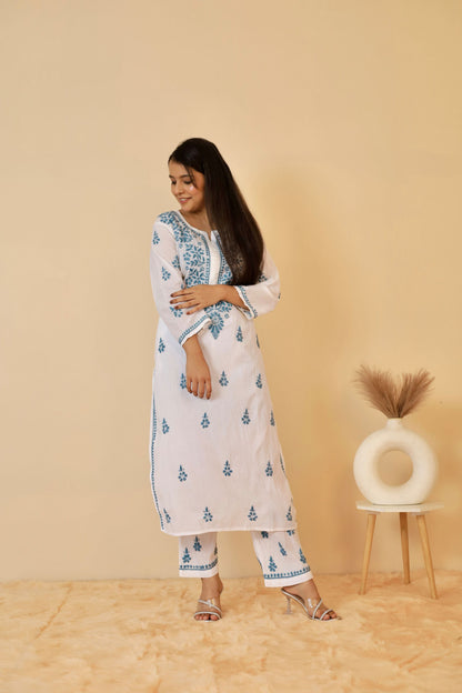 Heba cotton Chikankari Kurti and palazzo set ( Sky Blue )