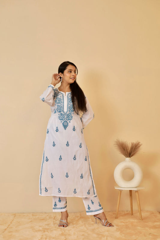 Heba cotton Chikankari Kurti and palazzo set ( Sky Blue )