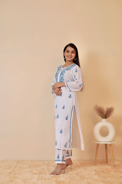 Heba cotton Chikankari Kurti and palazzo set ( Sky Blue )