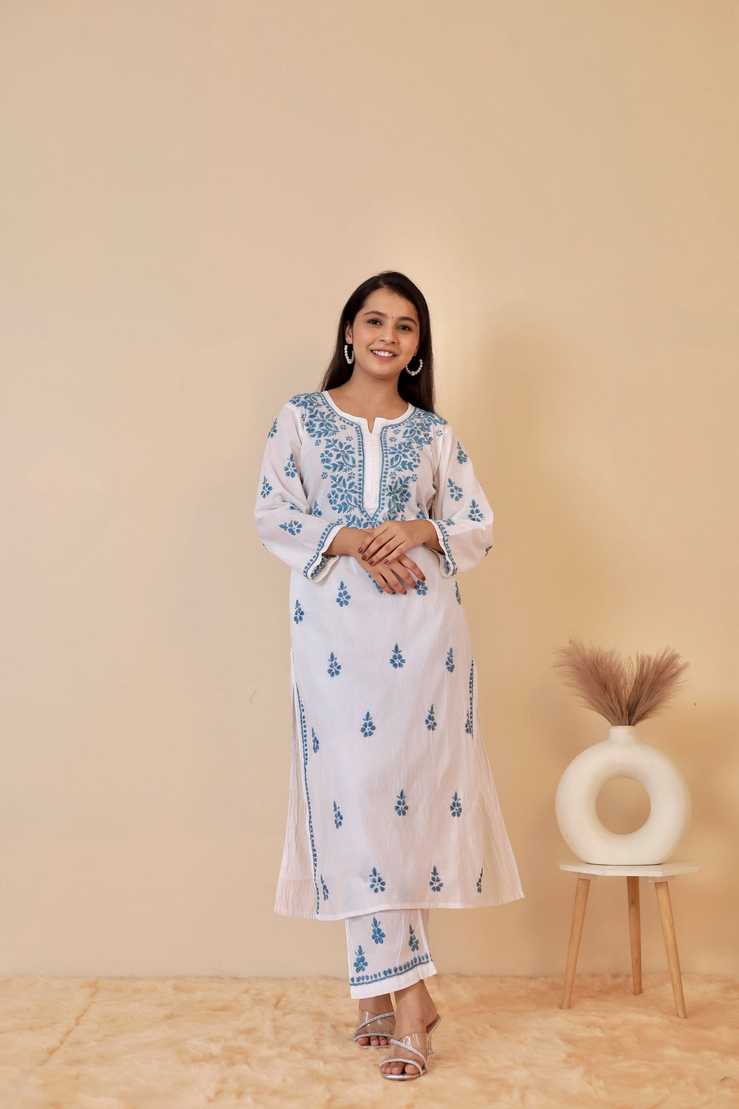 Heba cotton Chikankari Kurti and palazzo set ( Sky Blue )