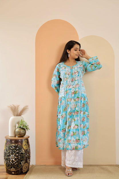 Aleena  Mul cotton Nyra style chikankari kurti (Sky blue)