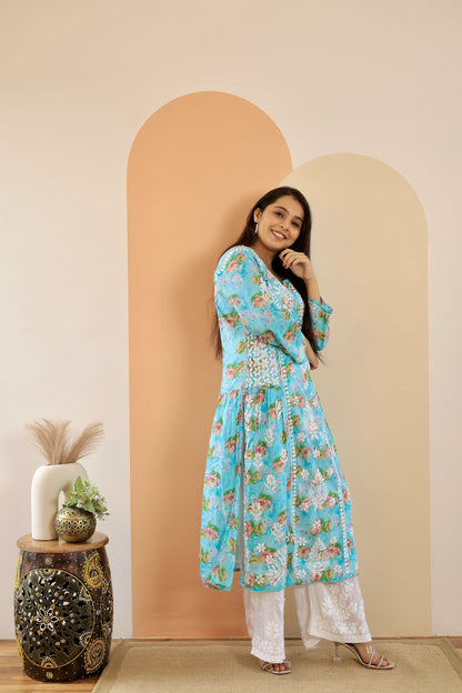 Aleena  Mul cotton Nyra style chikankari kurti (Sky blue)