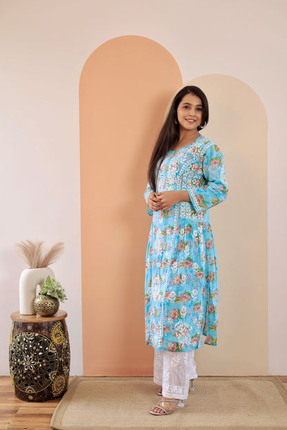 Aleena  Mul cotton Nyra style chikankari kurti (Sky blue)