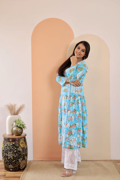 Aleena  Mul cotton Nyra style chikankari kurti (Sky blue)