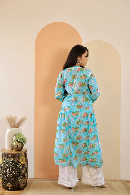 Aleena  Mul cotton Nyra style chikankari kurti (Sky blue)