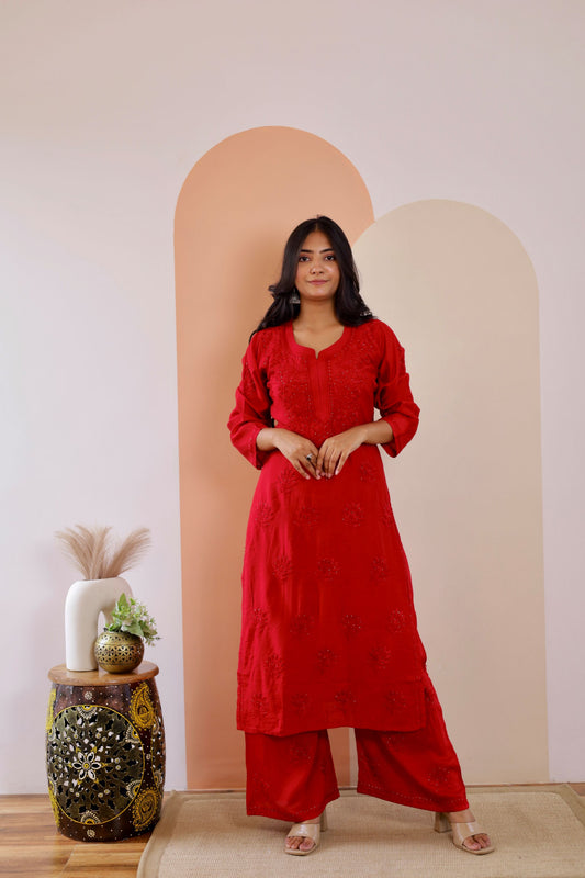 Hoor Premium Chanderi  Chikankari Kurti and Palazzo set ( Red )