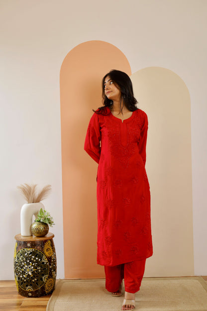 Hoor Premium Chanderi  Chikankari Kurti and Palazzo set ( Red )