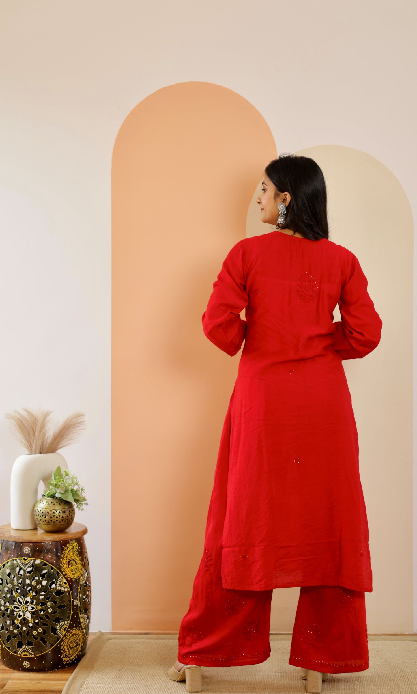 Hoor Premium Chanderi  Chikankari Kurti and Palazzo set ( Red )