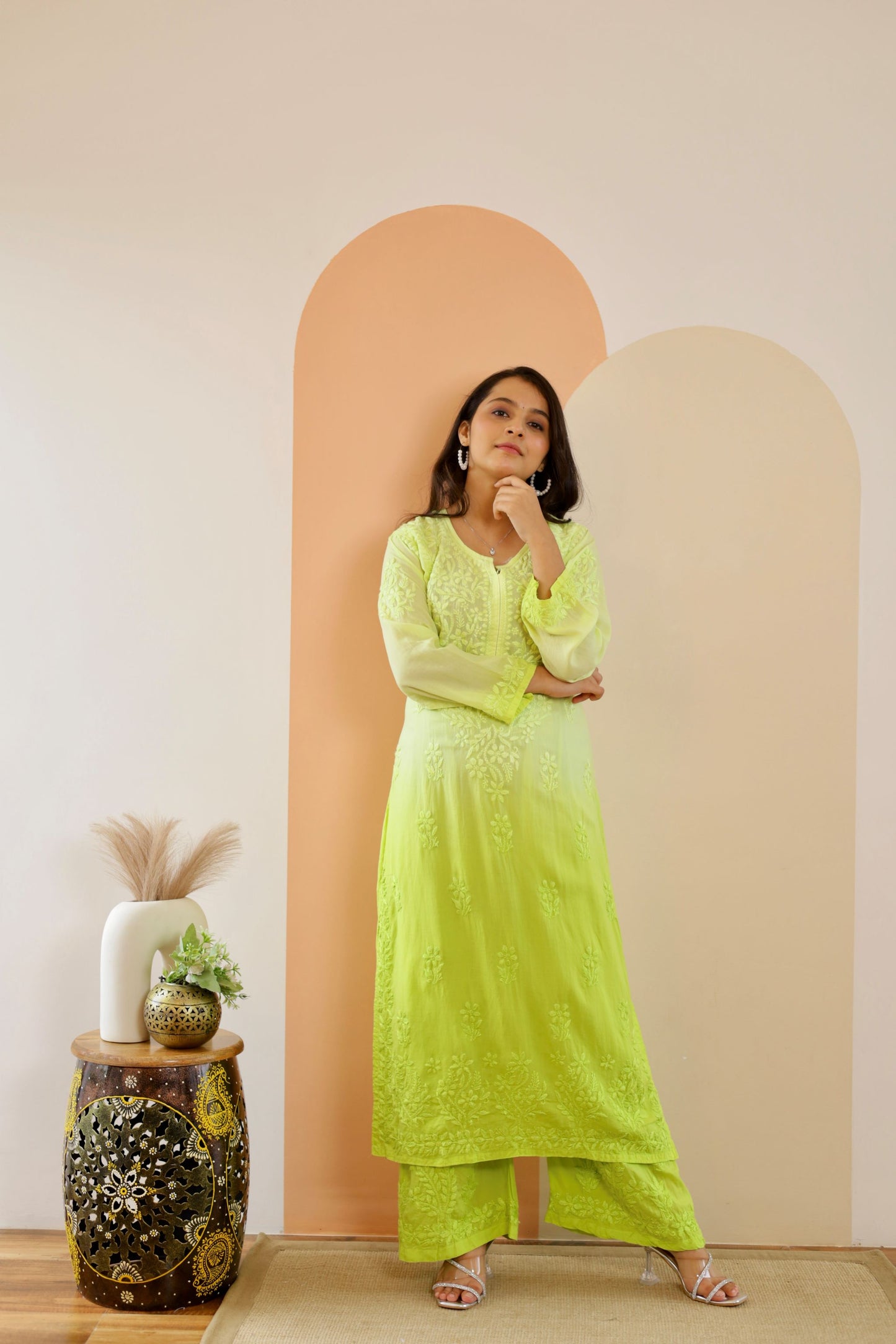 Riya Premium Modal Chikankari Kurti and Palazzo set ( Parrot green )