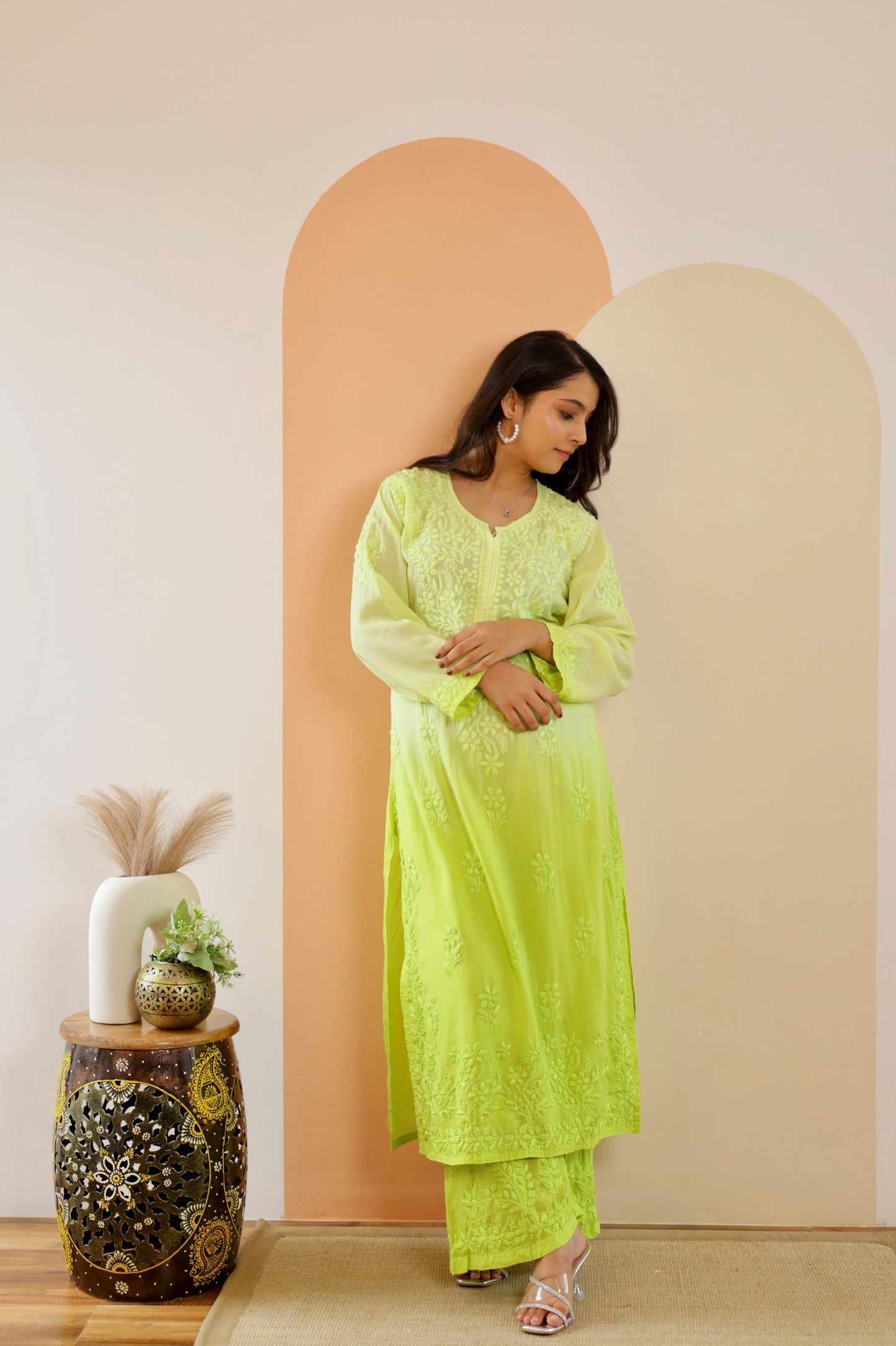 Riya Premium Modal Chikankari Kurti and Palazzo set ( Parrot green )