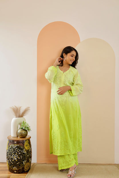 Riya Premium Modal Chikankari Kurti and Palazzo set ( Parrot green )