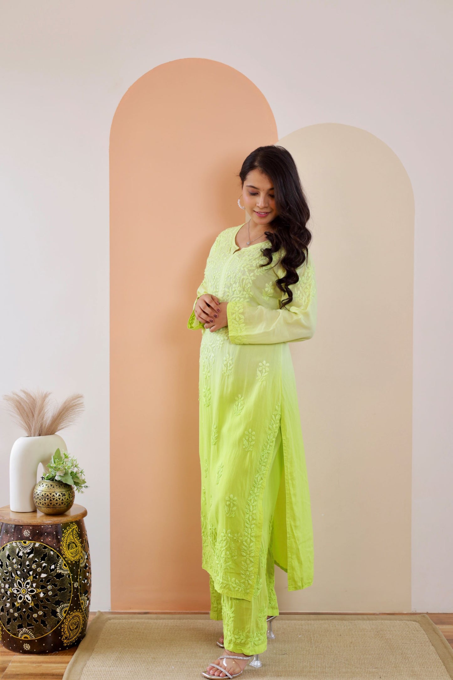 Riya Premium Modal Chikankari Kurti and Palazzo set ( Parrot green )