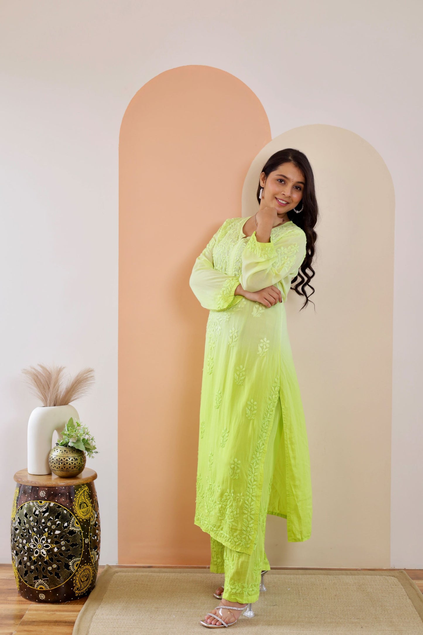 Riya Premium Modal Chikankari Kurti and Palazzo set ( Parrot green )