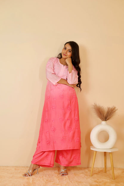 Hoor Premium Chanderi Chikankari Kurti and Palazzo set ( Peach )