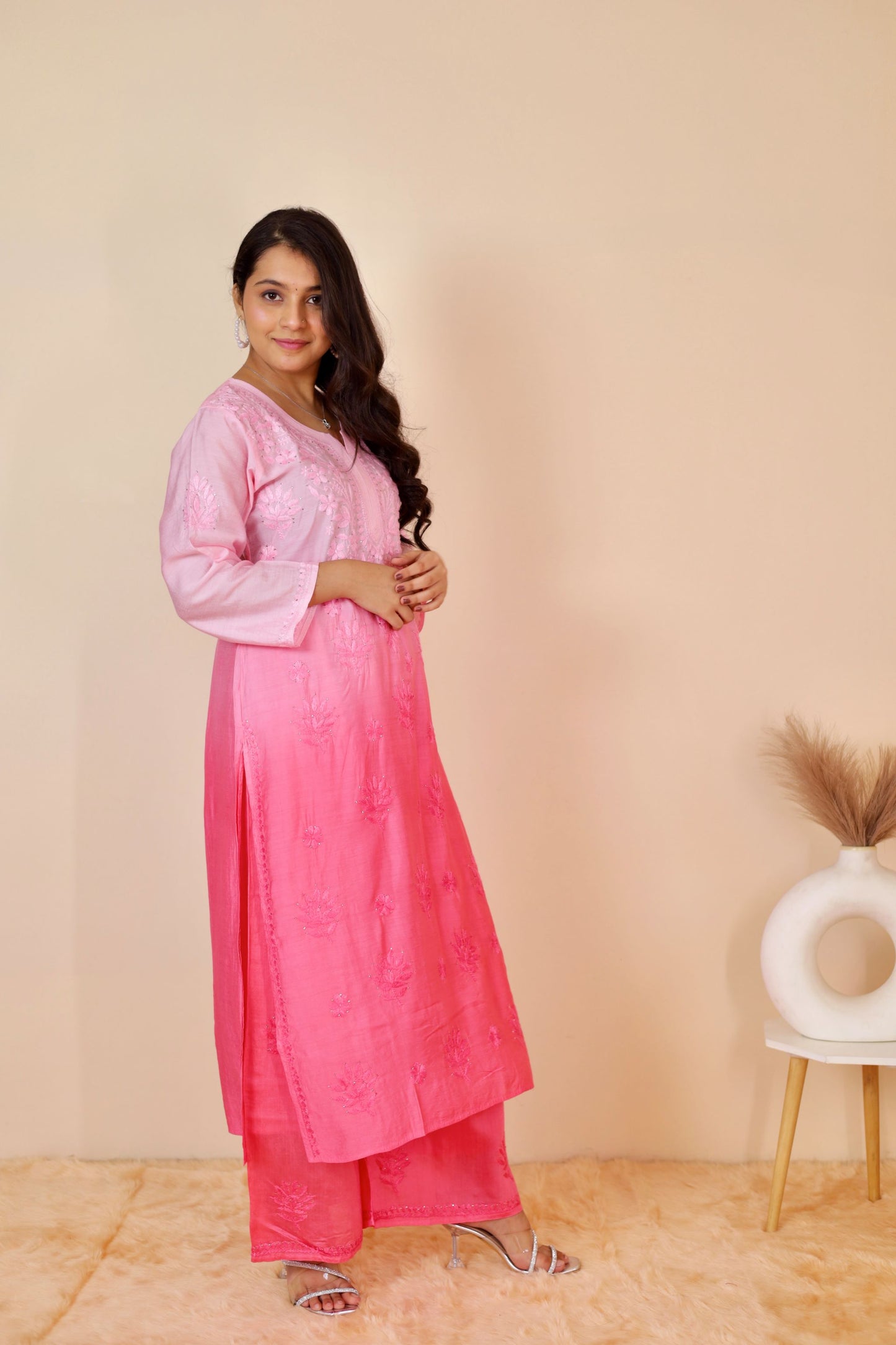 Hoor Premium Chanderi Chikankari Kurti and Palazzo set ( Peach )