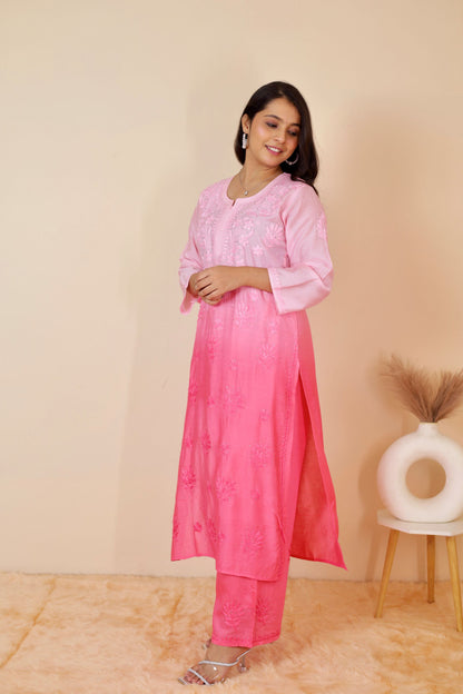 Hoor Premium Chanderi Chikankari Kurti and Palazzo set ( Peach )