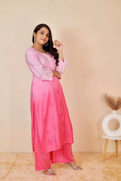 Hoor Premium Chanderi Chikankari Kurti and Palazzo set ( Peach )