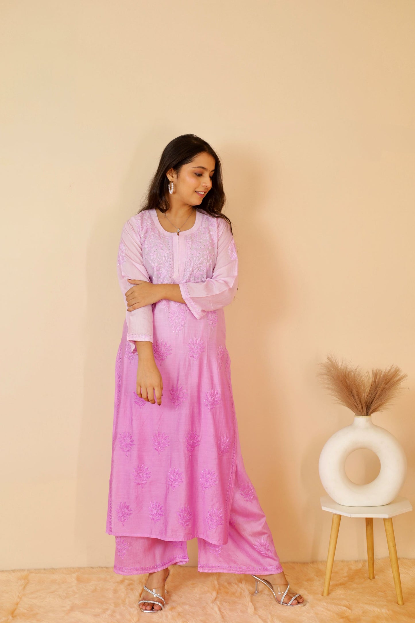 Hoor Premium Chanderi Chikankari Kurti and Palazzo set ( Lavender )