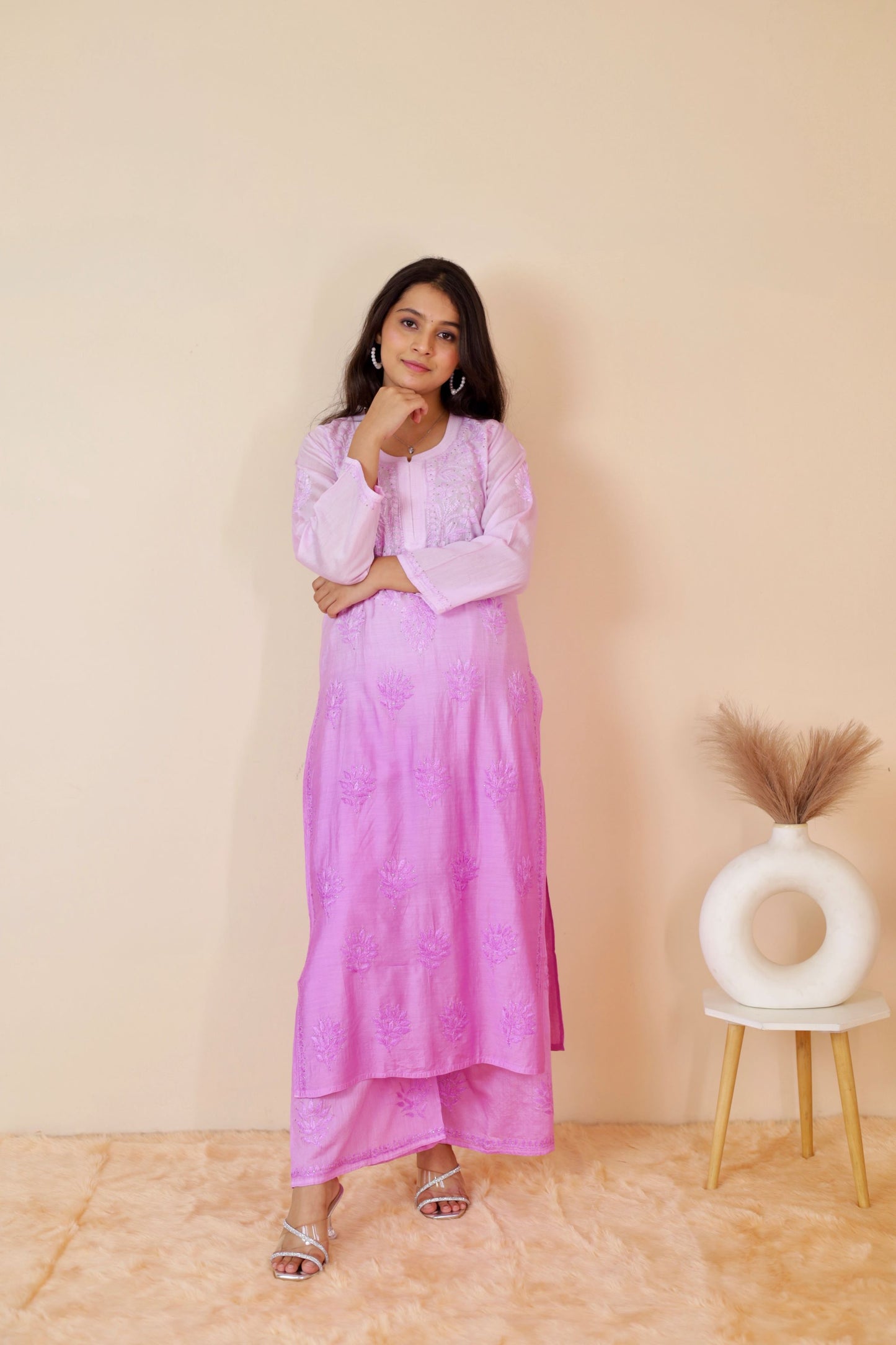 Hoor Premium Chanderi Chikankari Kurti and Palazzo set ( Lavender )