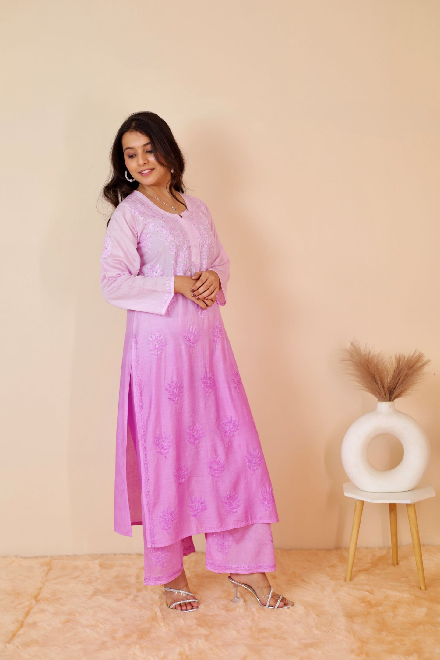 Hoor Premium Chanderi Chikankari Kurti and Palazzo set ( Lavender )