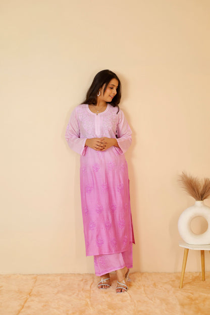 Hoor Premium Chanderi Chikankari Kurti and Palazzo set ( Lavender )