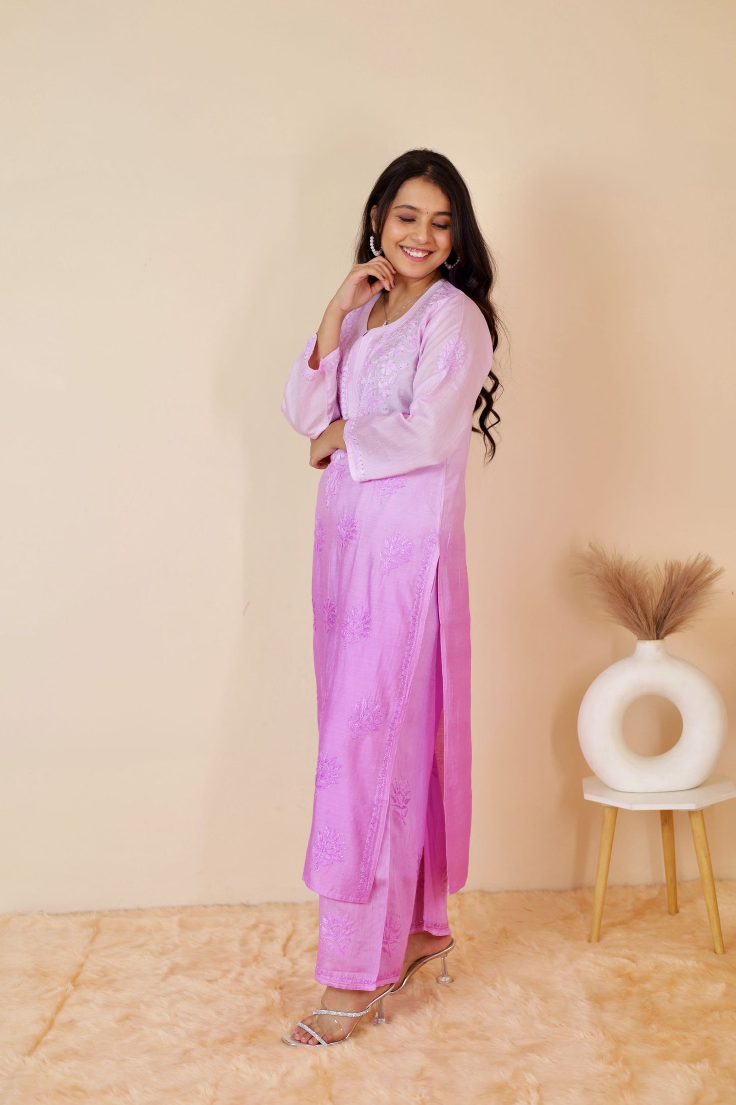 Hoor Premium Chanderi Chikankari Kurti and Palazzo set ( Lavender )