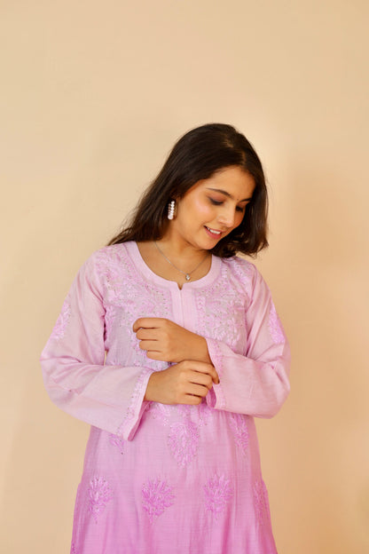 Hoor Premium Chanderi Chikankari Kurti and Palazzo set ( Lavender )