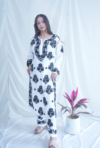 Ada White and Black Rayon Kurta Palazzo Set