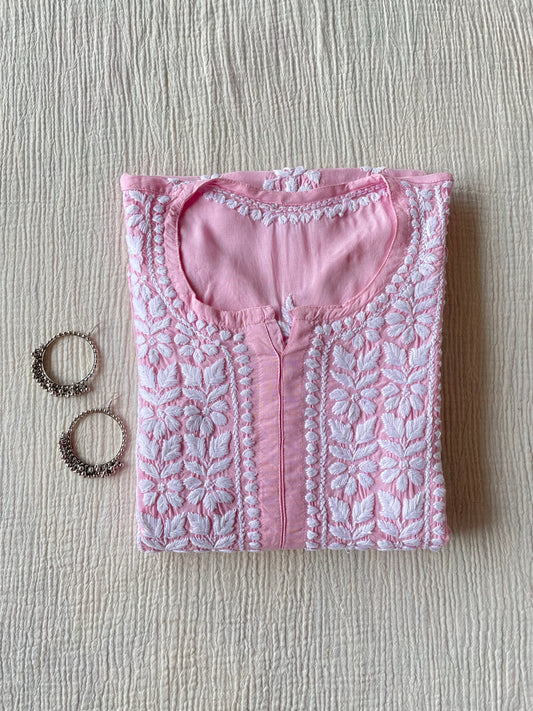 Nazakat Modal Chikankari kurta(Pink)