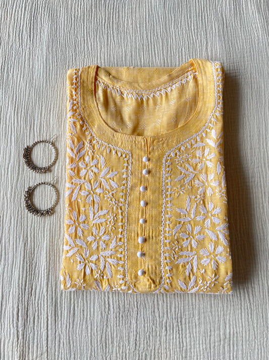 Potli Button Cotton Chikankari Kurta(Yellow)