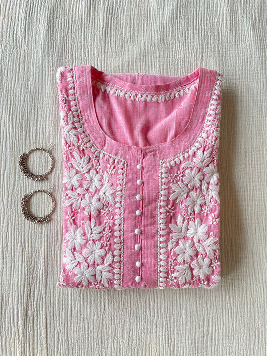 Potli Button Cotton chikankari kurti(Pink)