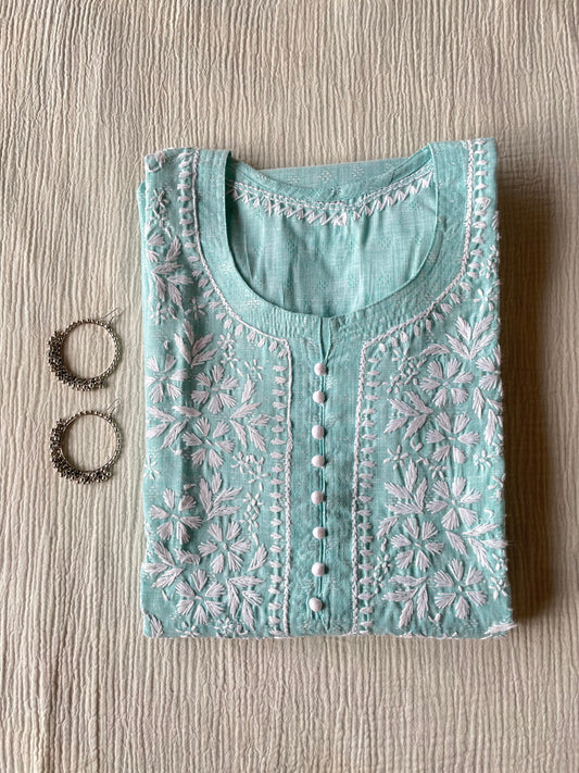 Potli Button Cotton Chikankari Kurta( Sea Green)