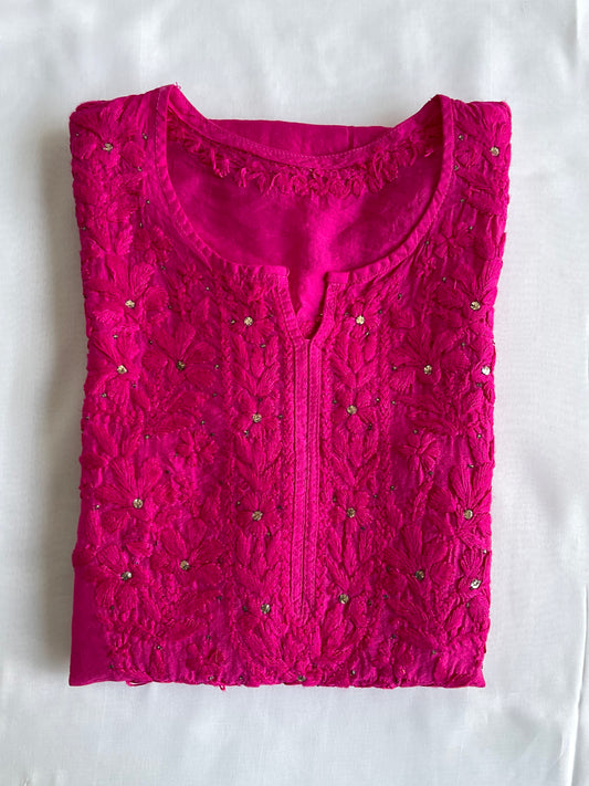 Hayat Mukaish Chanderi Chikankari Kurti ( Hot Pink)