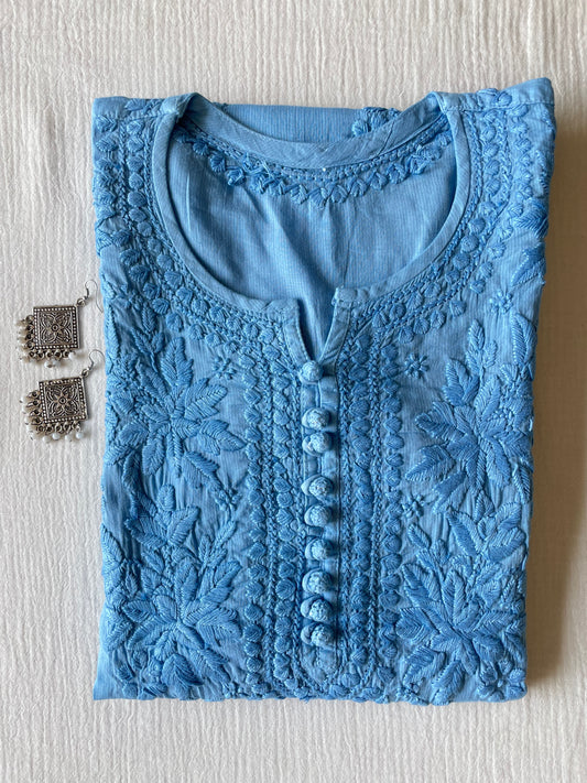 Cotton Potli Button Chikankari Kurti (Powder Blue)