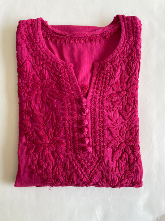 Cotton Potli Button Chikankari Kurti (Hot Pink)