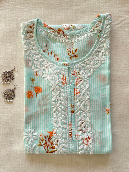 Sara Mul Mul Long Chikankari Kurti (Sea Green)