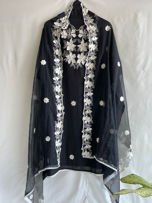 Black Unstitched Machine Embroidered suit set with Designer Dupatta