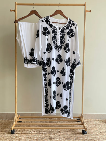 Ada White and Black Rayon Kurta Palazzo Set