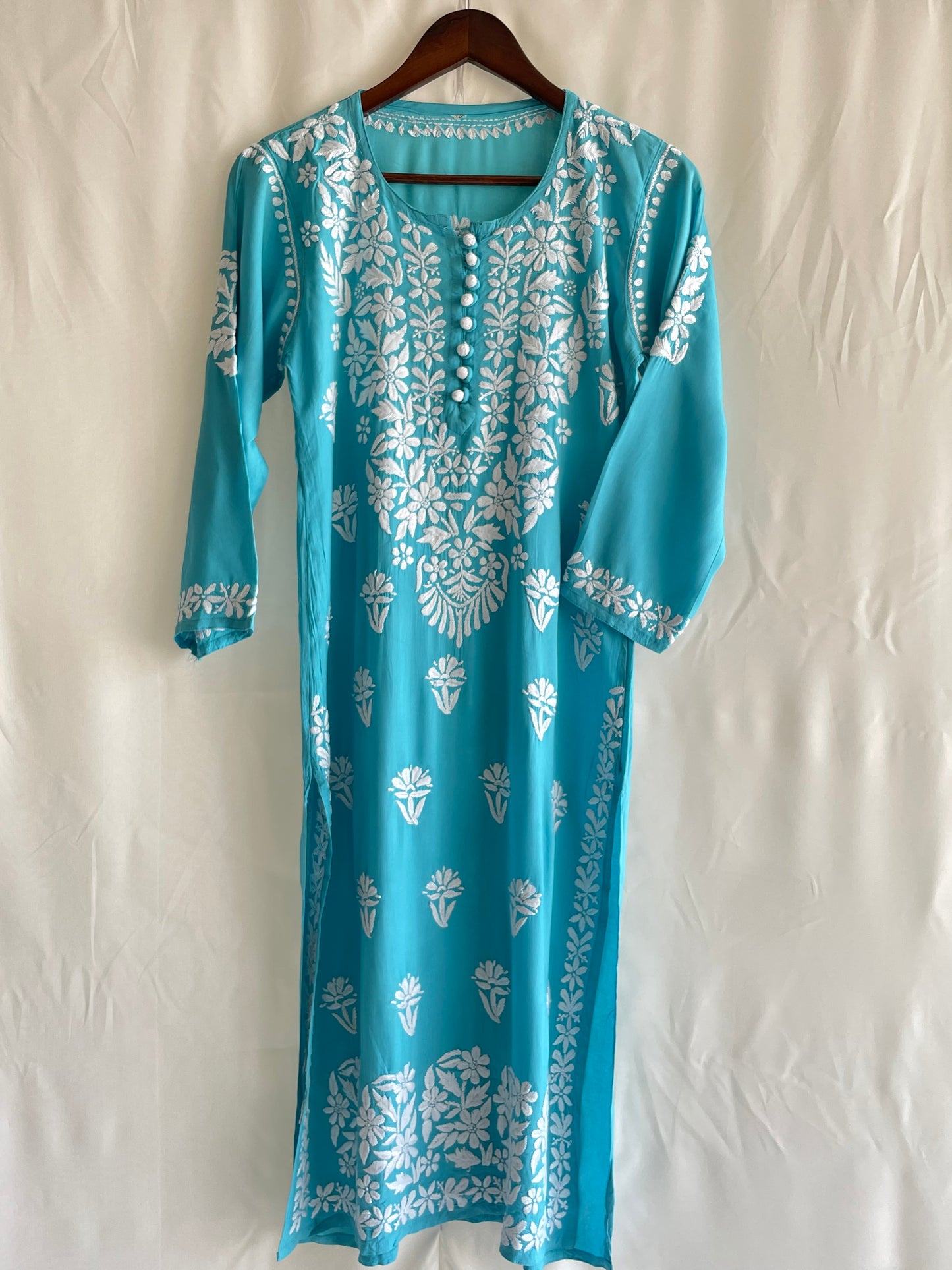 Mahira Modal Long Chikankari Kurti(Sky Blue)