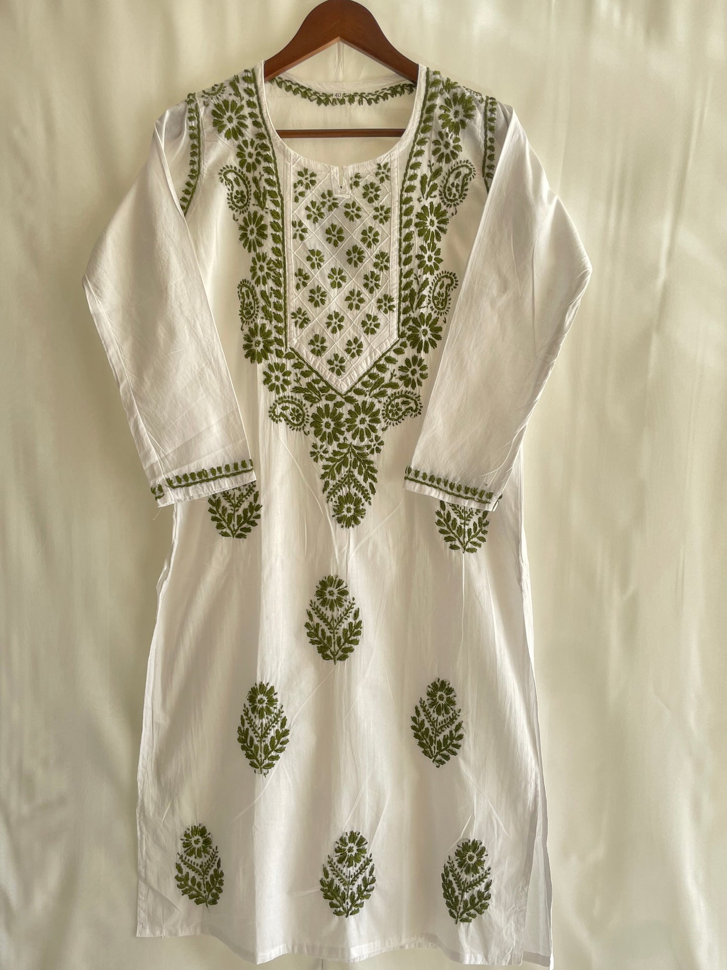 Zoya Cotton Long Chikankari Kurti ( Olive Green )