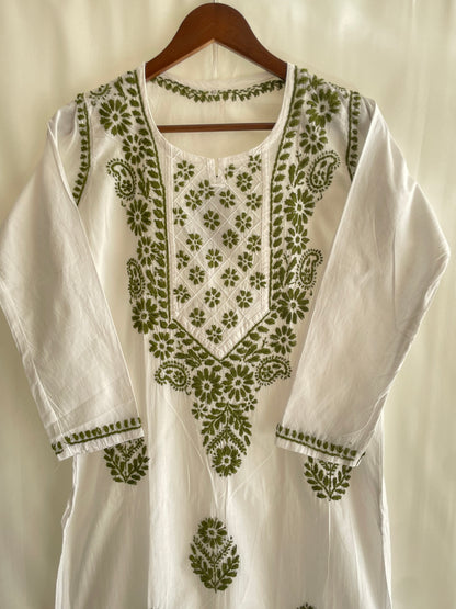 Zoya Cotton Long Chikankari Kurti ( Olive Green )